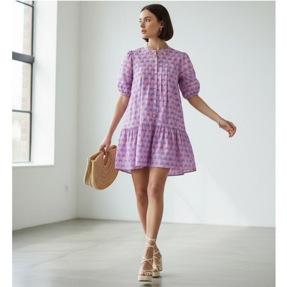 Entro NWT Purple Cotton Babydoll Mini Dress with Puff Sleeves Sz L